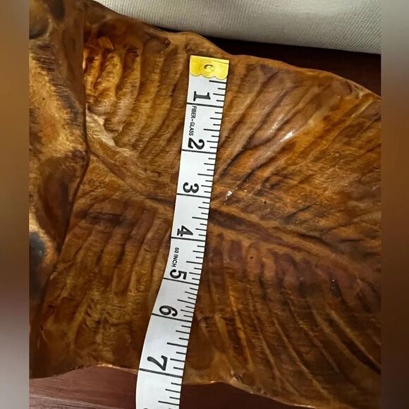 Handmade vintage wood leaf large bowl with handle - Picture 9 of 11